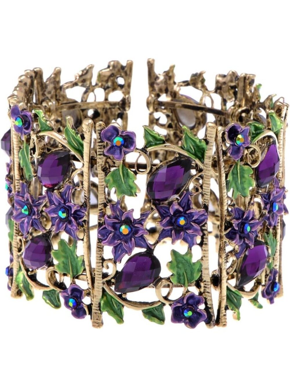 Vintage Floral Topaz Crystal Rhinestone Cuff Bracelet - Antique Garden Style